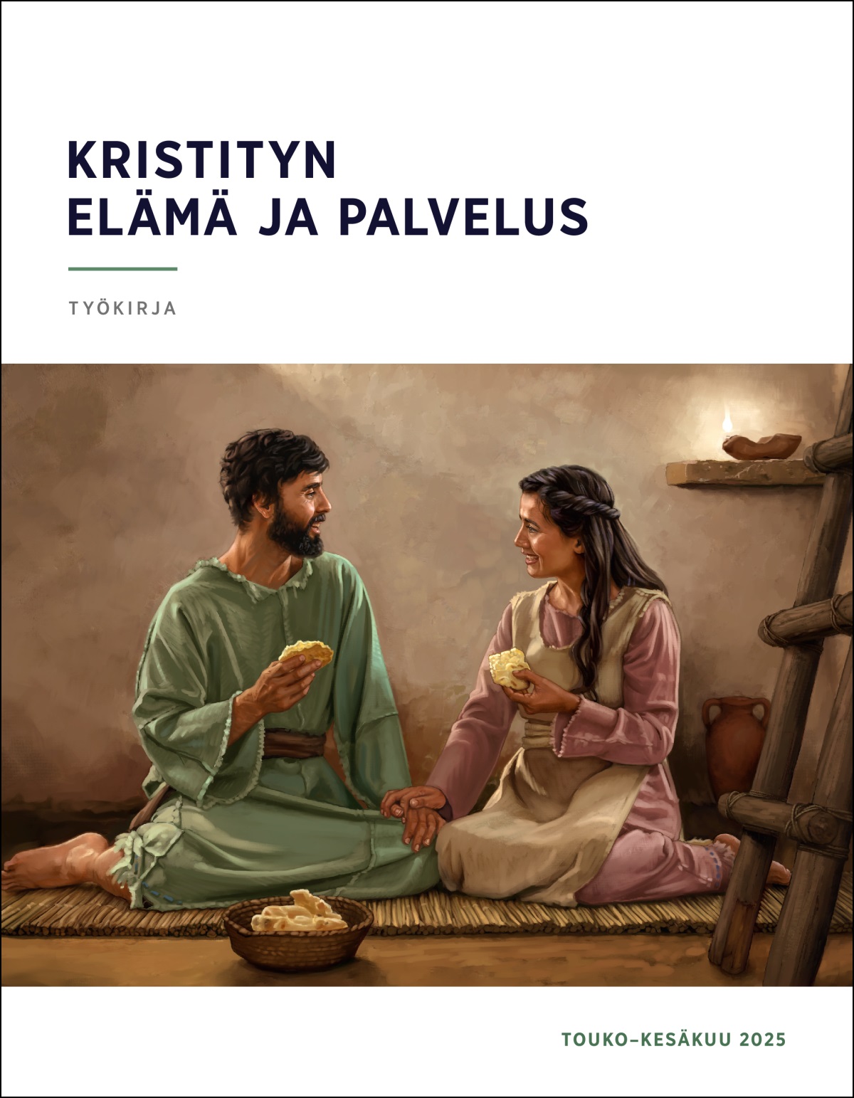 Pariskunta muinaisessa Israelissa syö ateriaksi leipää vaatimattomassa kodissaan.