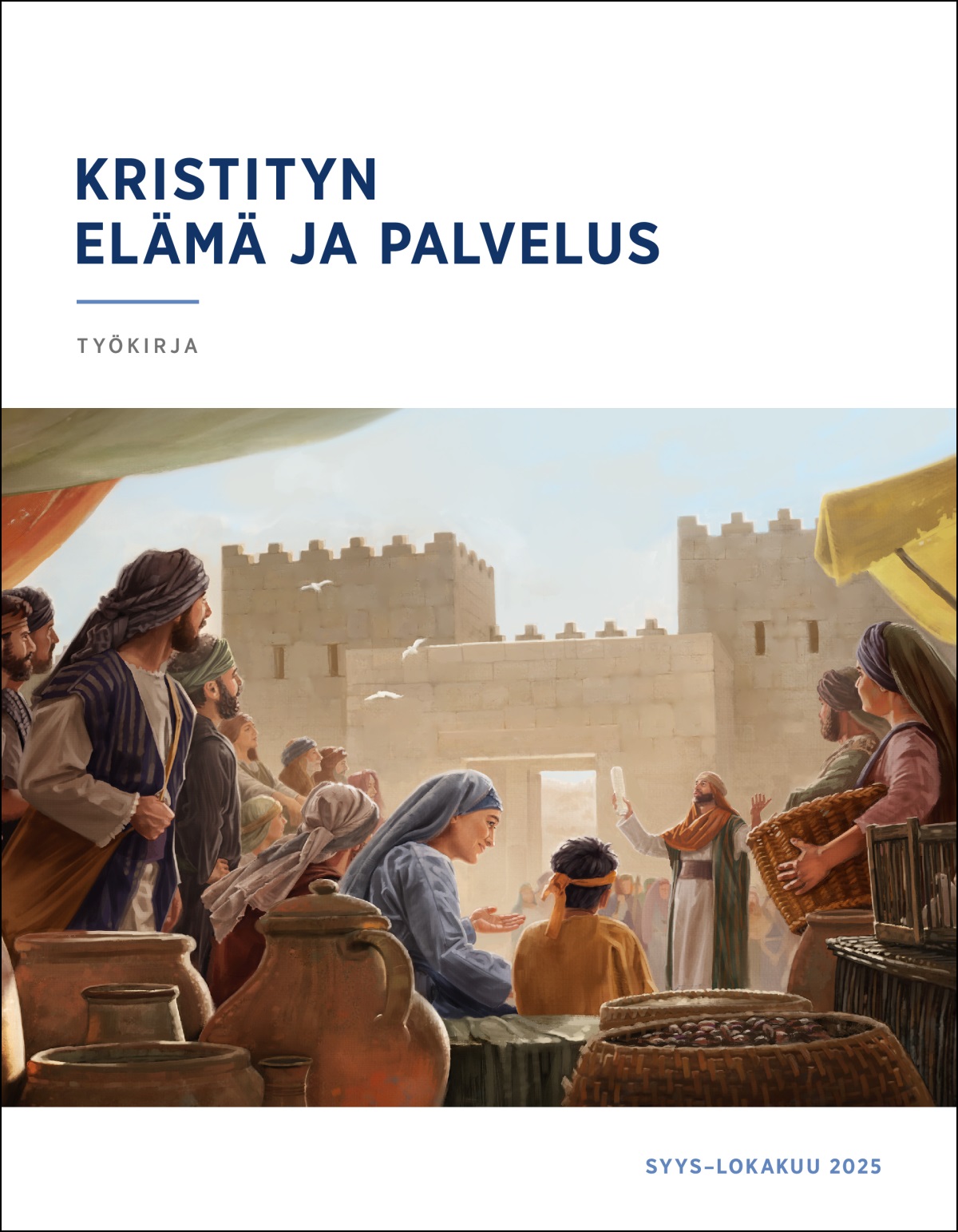 Israelilaiset kuuntelevat, kun pappi puhuu lähellä kaupungin porttia. Papilla on kirjakäärö kädessään.