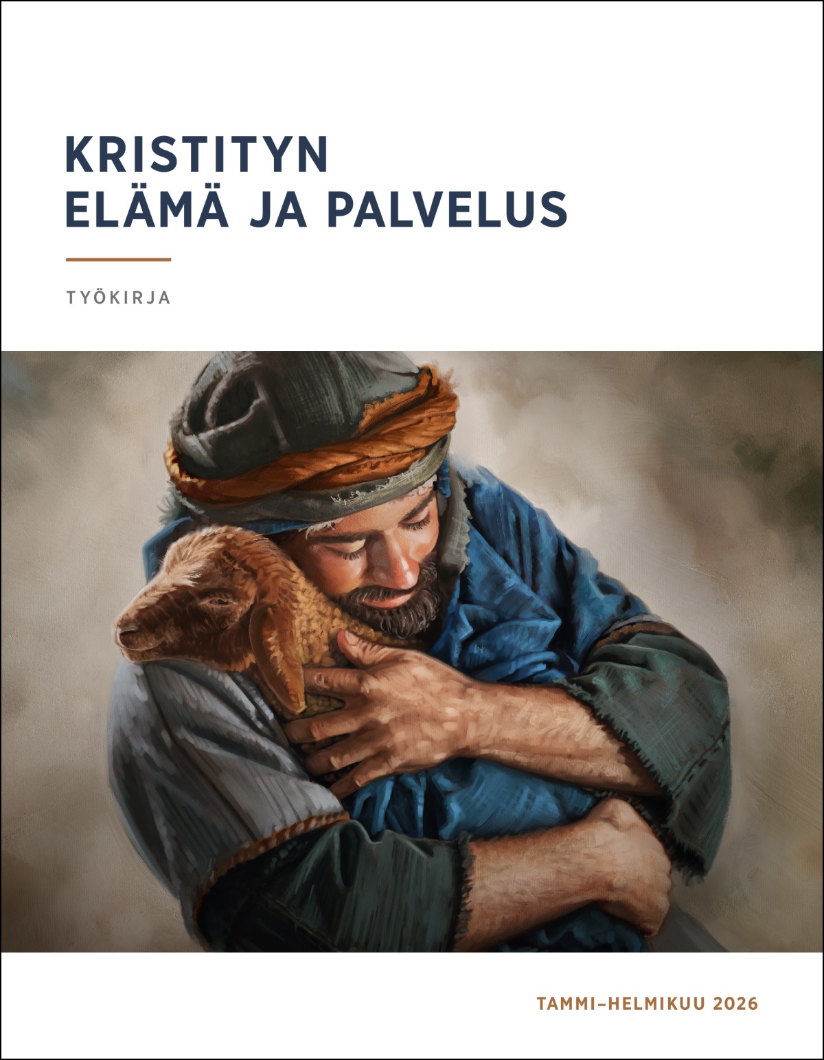 Paimen pitelee lammastaan hellästi käsivarsillaan.