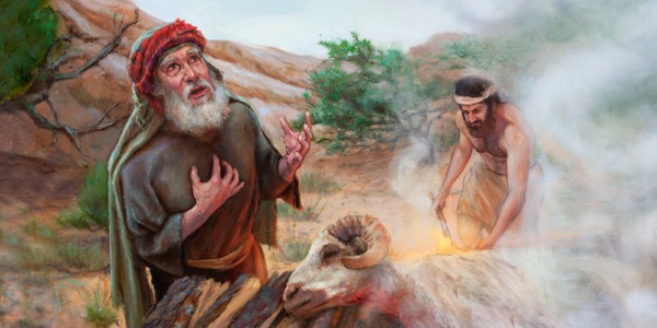 Abraham ja Iisak uhraamassa Jehovan antamaa pässiä