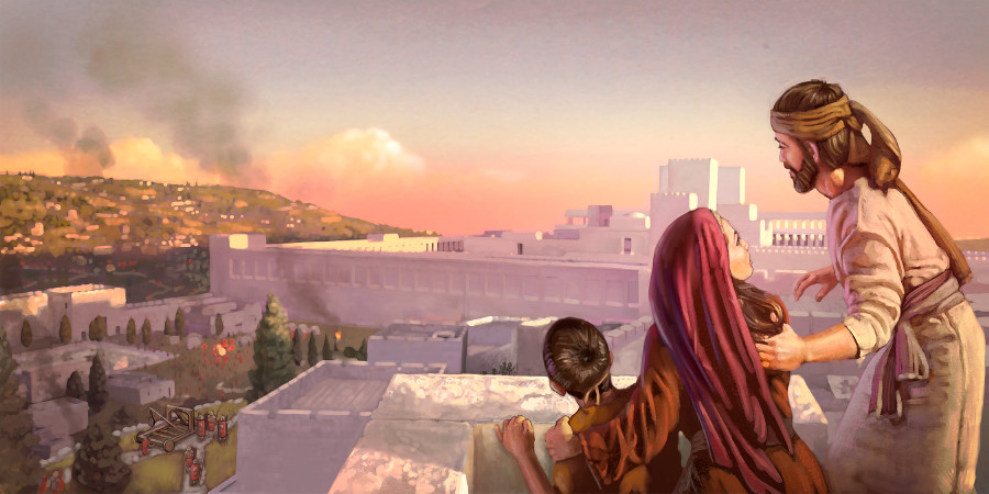 Ensimmäisellä vuosisadalla kristitty perhe katselee katolta, kun maata kaivetaan temppelialueen ulkomuurin alta.