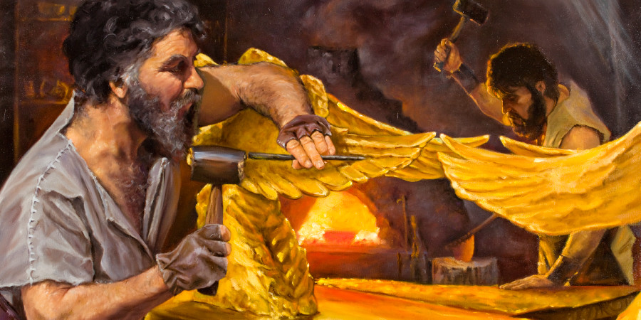 Besalel ja Oholiab valmistavat kultaisia kerubeja.