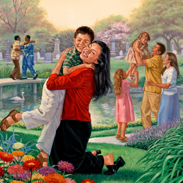 Ihmisiä paratiisissa ottamassa ylösnousseita vastaan