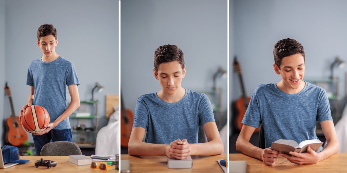 Nuori mies ei pelaa palloa vaan rukoilee ja lukee Raamattua