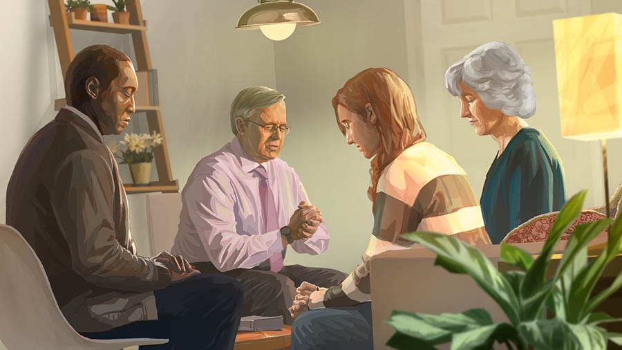 Vanhin rukoilee ahdistuneen sisaren puolesta; toinen vanhin ja kypsä sisar kuuntelevat