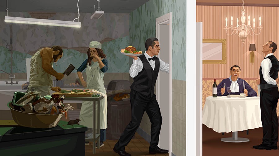 Tarjoilija kantaa saastunutta ruoka-annosta likaisesta keittiöstä; mies syö tarjoilijan tuoman saastuneen ruoan