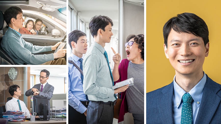 Kuvat: Veli osoittaa lempeyttä haastavissa tilanteissa. 1. Kun hän ajaa autoa, viereisessä autossa oleva pariskunta pilkkaa häntä. 2. Työpaikalla esimies painostaa häntä tekemään ylitöitä. 3. Kenttäpalveluksessa hän pysyy rauhallisena, vaikka ovenavaaja huutaa ja osoittelee häntä. 4. Hän hymyilee rauhallisena.