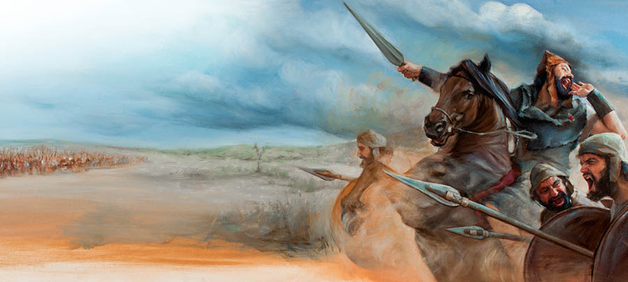 Kuningas Asa ratsastaa taistelukentällä, ja hänen vierellään on sotilaita. He ovat menossa taistelemaan valtavaa Etiopian armeijaa vastaan.