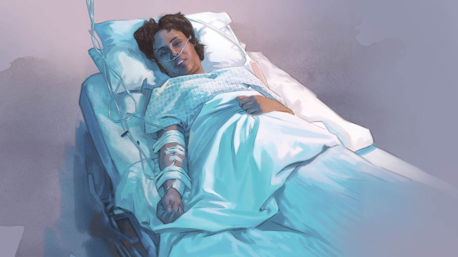 Nainen makaa sairaalasängyssä tiputuksessa ja saa lisähappea.