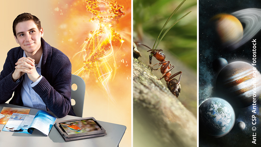 Nuori mies tutkii luontoon ja maailmankaikkeuteen liittyviä asioita, ja hänellä on kirja ”Onko Luojaa joka välittää sinusta?”, kirjaset ”Onko elämä luotu?” ja ”Elämän alkuperä – viisi tärkeää kysymystä” ja tabletti. Kuvat: 1. DNA. 2. Muurahainen. 3. Aurinkokunnan planeettoja.