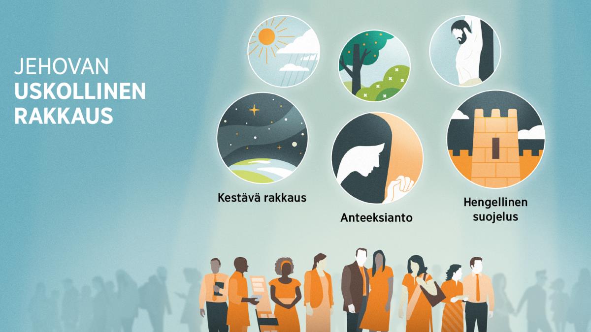 Jehovan palvelijat näkyvät korostettuina ihmiskunnan keskellä. Pikkukuvat: Jehovan rakkauden ilmauksia. 1. Kestävä rakkaus: tähtitaivas maapallon yllä. 2. Anteeksianto: sisar rukoilee. 3. Hengellinen suojelus: linnoitetun kaupungin muuria. Yllä: Jehovan rakkauden ilmauksia kaikille ihmisille. 4. Auringonpaiste ja sade. 5. Kukat, puut ja muut kasvit. 6. Lunnaat.