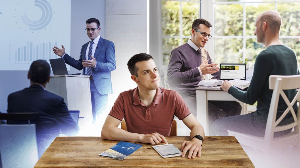 Kuvat: Nuori veli miettii, kumpi kahdesta tavoitteesta olisi parempi. 1. Hän kuvittelee olevansa seminaarissa opettava liikemies. 2. Hän kuvittelee pitävänsä miehelle raamattukurssia.