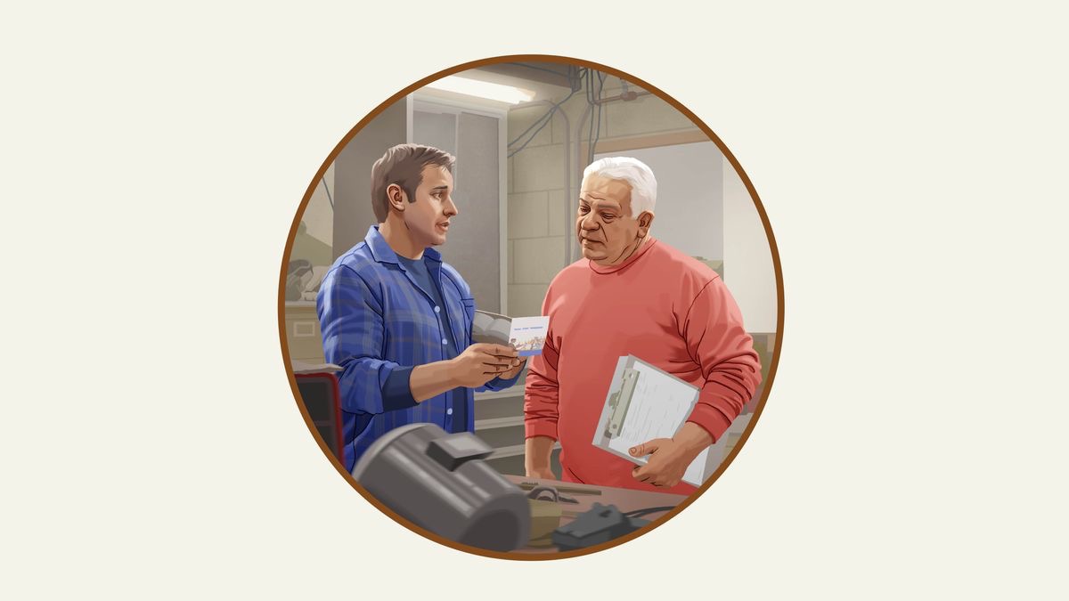 Veli todistaa työkaverille metallipajalla.