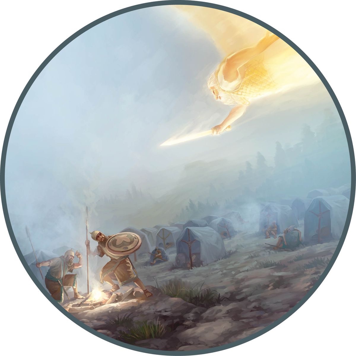 Enkeli, jolla on miekka, lentää kohti Assyrian armeijaa.