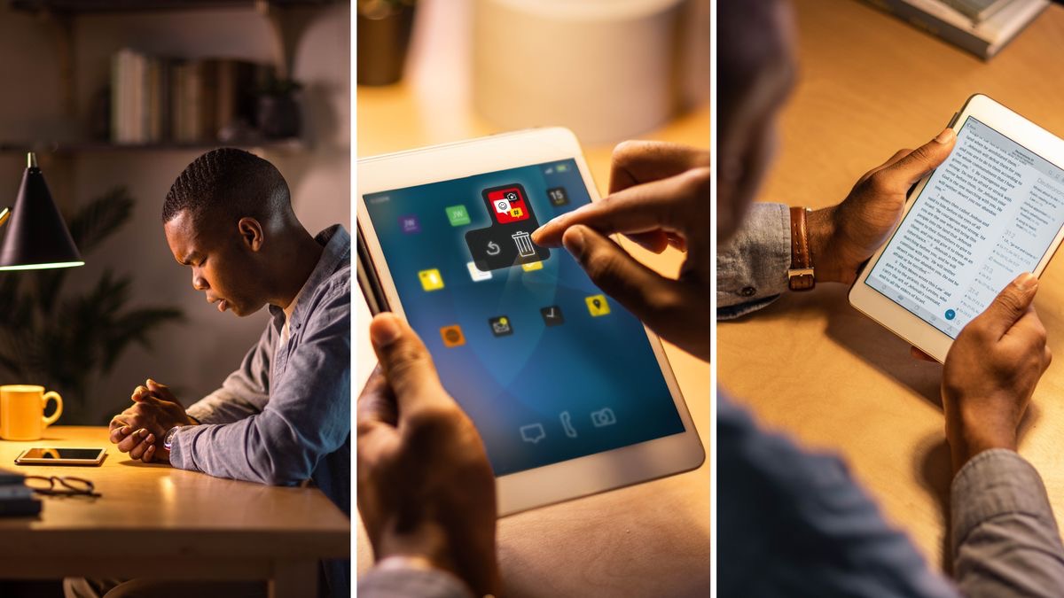 Kuvat: Veli vastustaa kiusausta. 1. Hän rukoilee. 2. Hän poistaa sovelluksen tabletilta. 3. Hän lukee Raamattua.