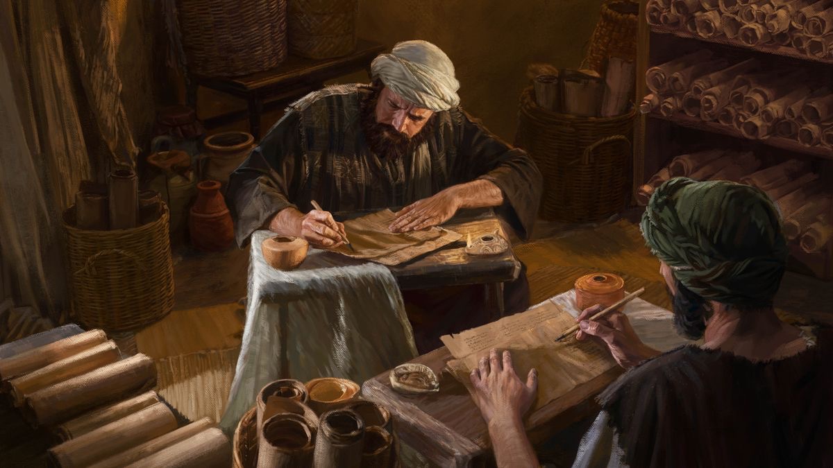 Kaksi jäljentäjää kirjoittaa pergamentille.