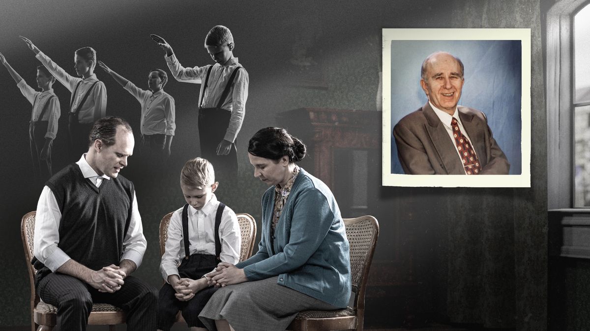 Kuvat: Lavastettu kuva Horst Henschelistä lapsena ja hänen vanhemmistaan. 1. Horst nostaa nolona oikean kätensä yhdessä muiden kanssa, kun he sanovat ”Heil Hitler!” 2. Hänen vanhempansa rukoilevat hänen kanssaan. 3. Valokuva, jossa Horst on jo iäkäs.