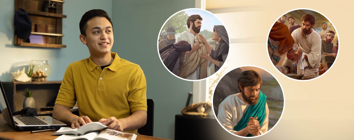 Nuori veli mietiskelee, kun hän tutkii itsekseen Raamattua. Kuvat: 1. Jeesus itkee Martan ja Marian kanssa. 2. Hän rukoilee. 3. Hän pesee apostolien jalat.