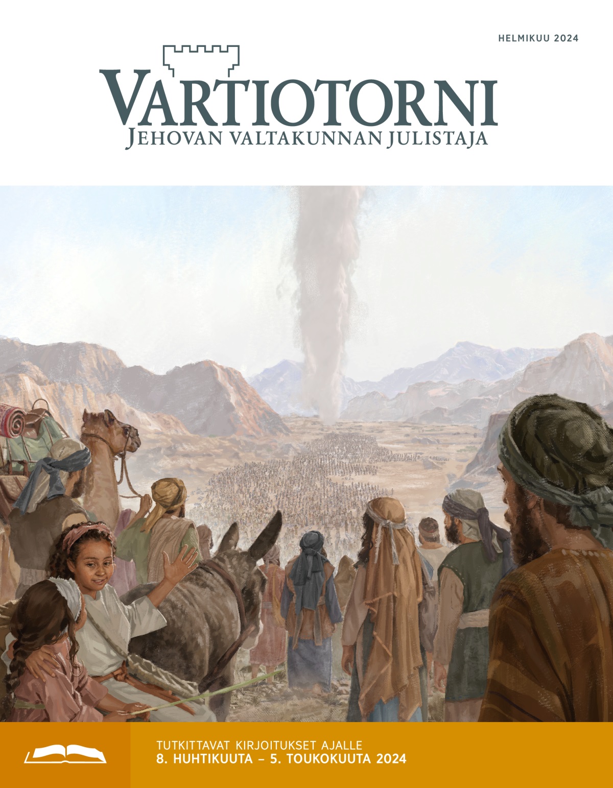 Suuri joukko israelilaisia miehiä, naisia ja lapsia seuraa pilvipatsasta erämaassa.