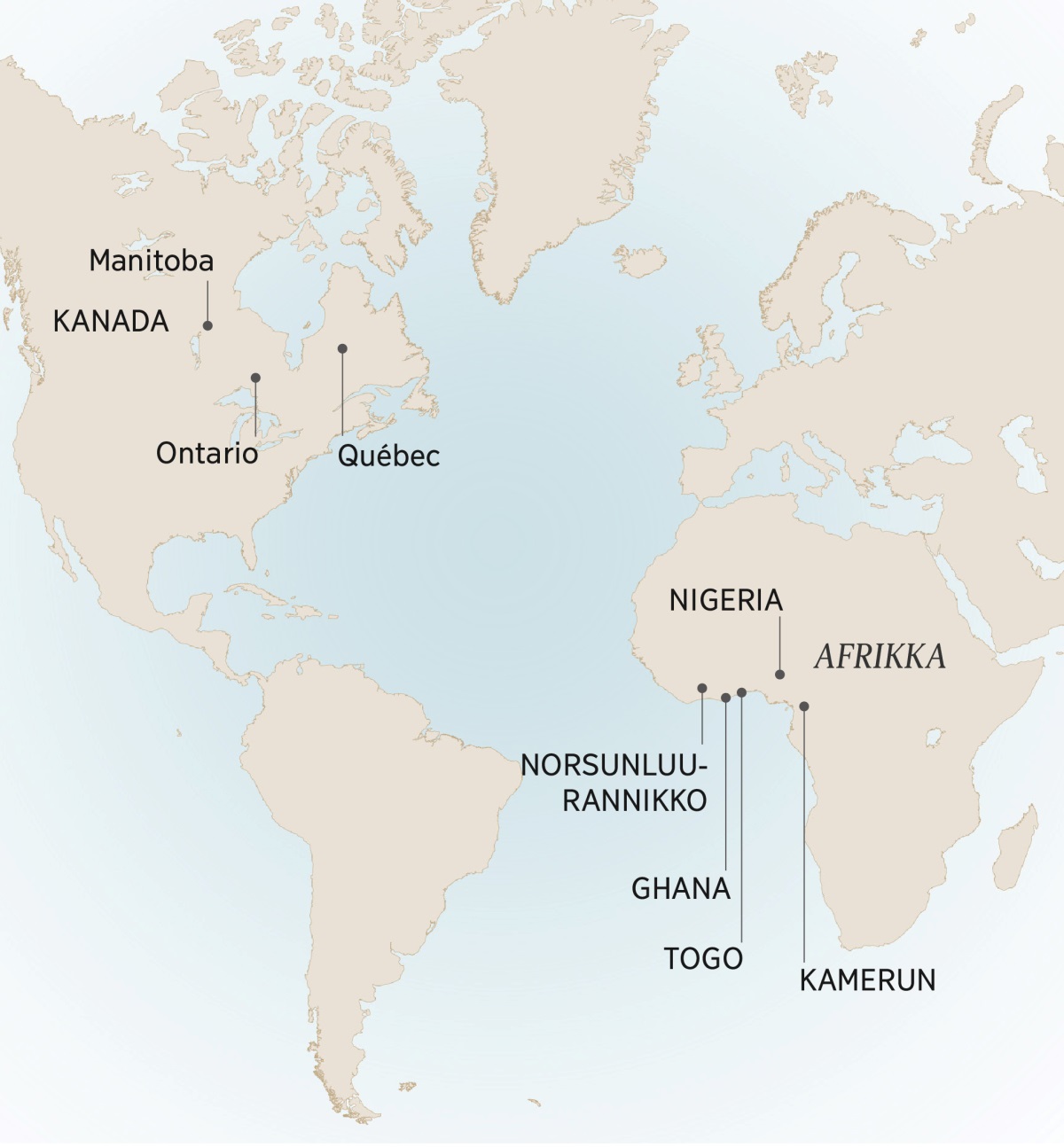 Kartalla näkyy joitain paikkoja, joissa André asui ja palveli: Manitoba, Ontario ja Québec, Kanada; Kamerun, Norsunluurannikko, Ghana, Nigeria ja Togo, Afrikka.