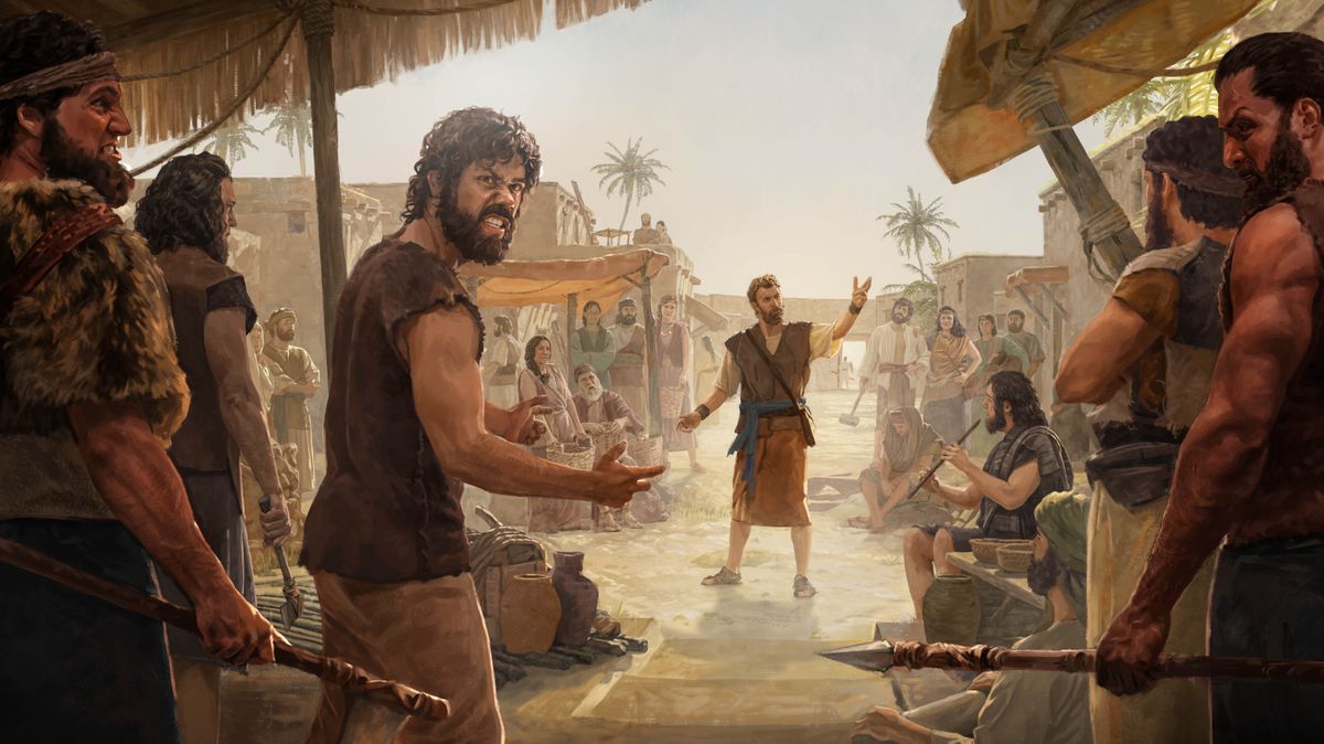 Hanok kertoo ihmisille Jehovan tuomiosanomaa vilkkaalla kadulla. Jotkut näyttävät ärsyyntyneiltä ja vihaisilta, ja joillain on teräase kädessä.