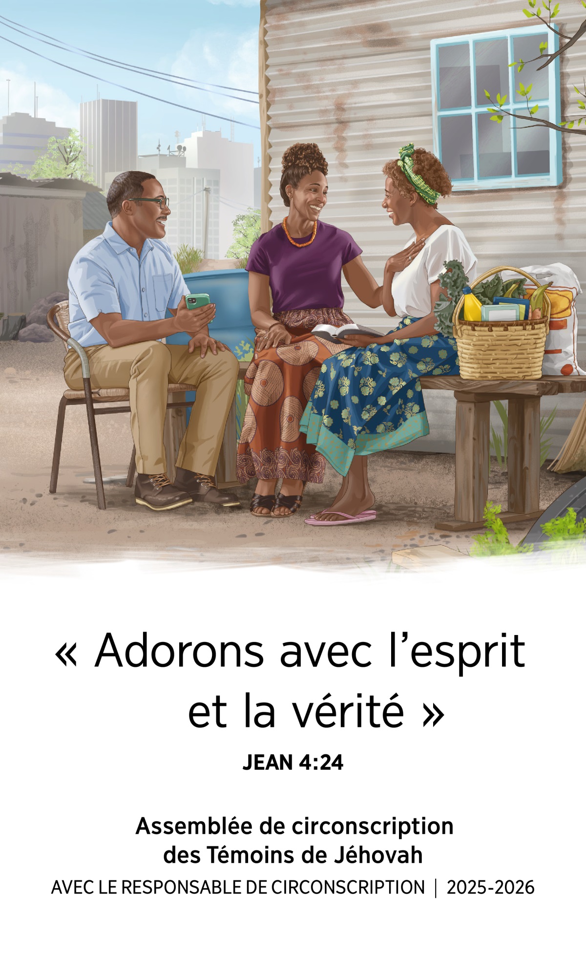 Une sœur, qui habite une maison très simple dans une grande ville, est heureuse de recevoir la visite d’un couple qui l’encourage avec la Bible et lui apporte de la nourriture et d’autres produits.