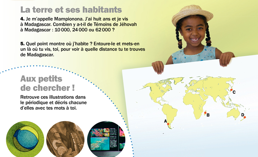 Revue Réveillez-vous, septembre 2012 : La terre et ses habitants (Madagascar) et images de la partie “ Aux petits de chercher ! ”