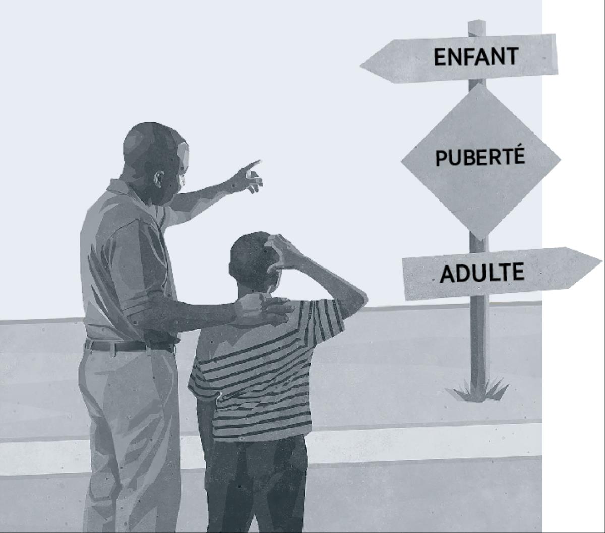 Un père et son fils en train de regarder un panneau indicateur désignant la puberté sur la route qui va de l’enfance à l’âge adulte