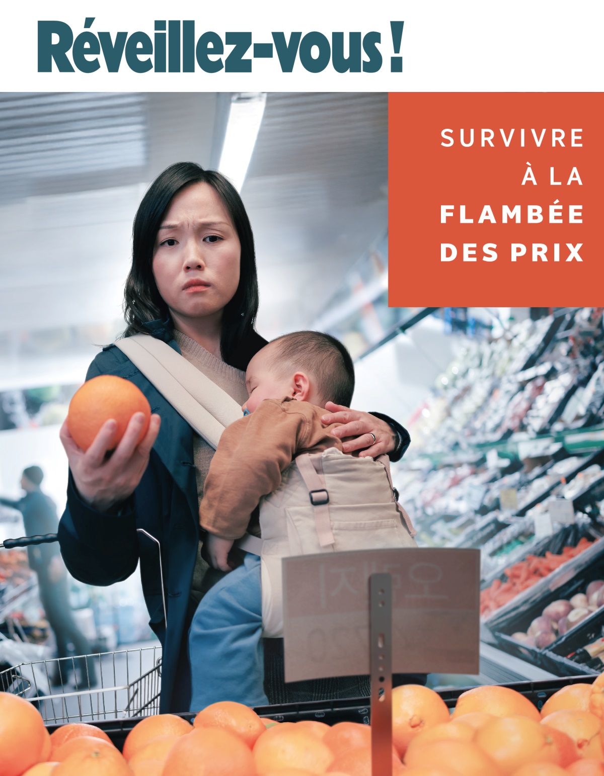 Une mère de famille qui fait des courses, portant contre elle son bébé endormi, regarde le prix de certains fruits d’un air inquiet.