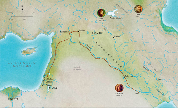 Carte des pays bibliques mentionnés dans l’histoire d’Abel, de Noé et d’Abraham