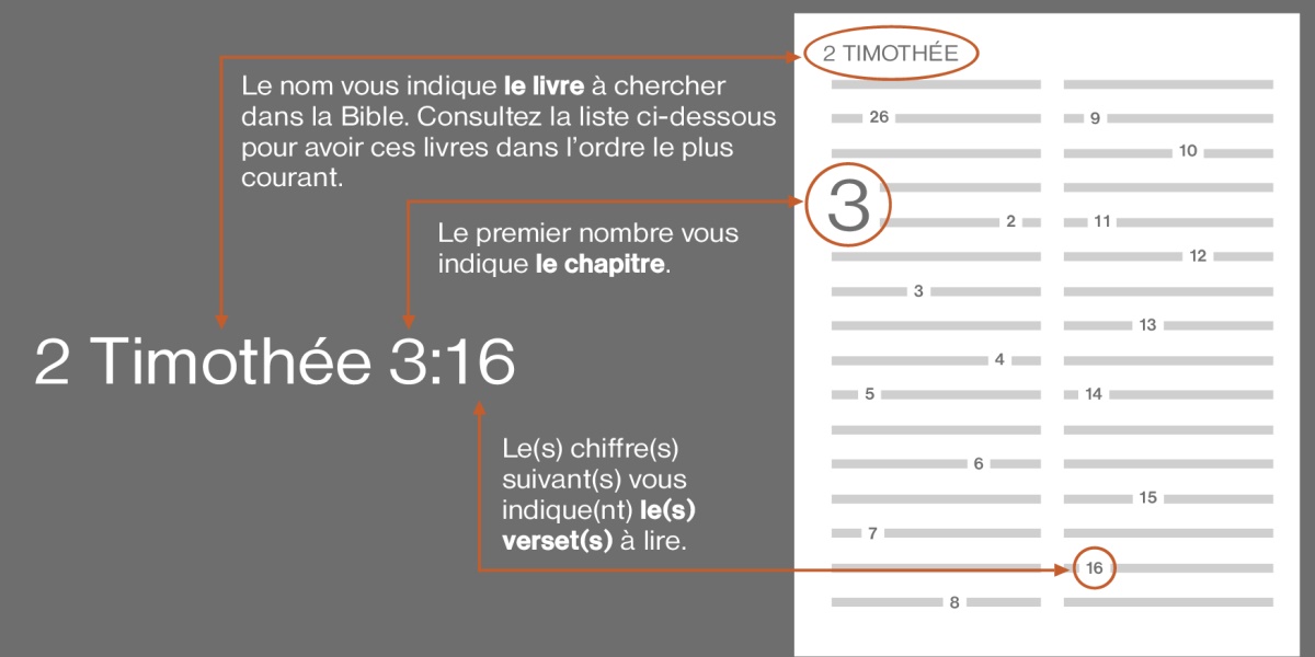 Méthode pour trouver des versets dans la Bible, par exemple 2 Timothée 3:16. La référence indique quel livre biblique est à chercher, ici le livre de 2 Timothée (voir la liste ci-dessous pour connaître l’ordre de classement le plus courant des livres de la Bible). Le premier numéro indique le chapitre à chercher, ici le chapitre 3. Le second numéro (ou les numéros) qui suit indique quel verset est à lire, ici le verset 16.