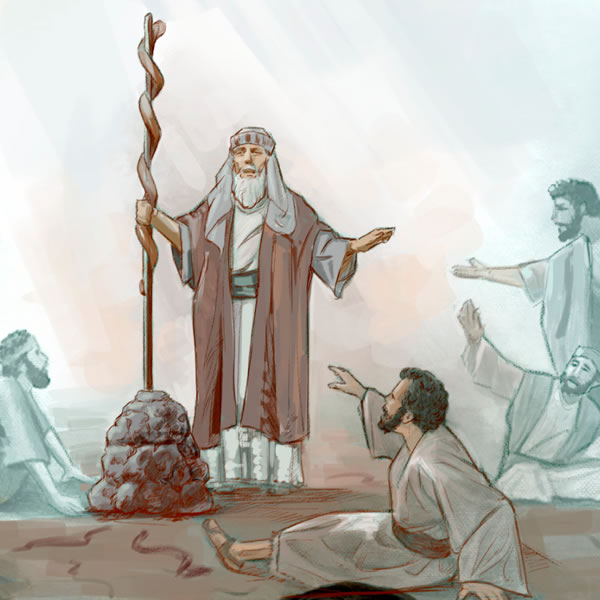 Pour être sauvés, les Israélites mordus par des serpents venimeux regardent le serpent de cuivre