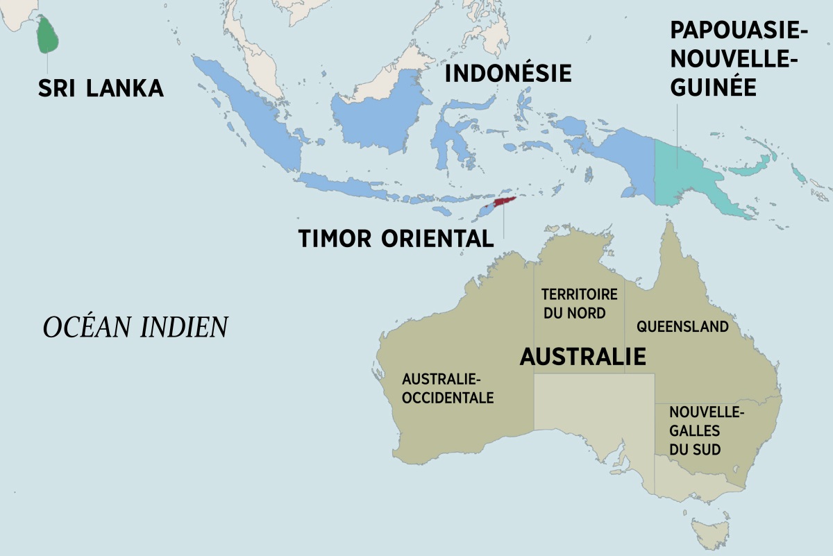 Une carte de l’Australie et des pays environnants, dont le Sri Lanka, l’Indonésie, la Papouasie-Nouvelle-Guinée et le Timor oriental. Sur la carte de l’Australie figurent le Territoire du Nord, et les États de l’Australie-Occidentale, du Queensland et de la Nouvelle-Galles du Sud.