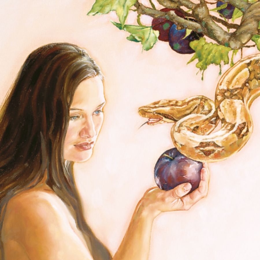 Ève tient le fruit défendu et le serpent lui parle