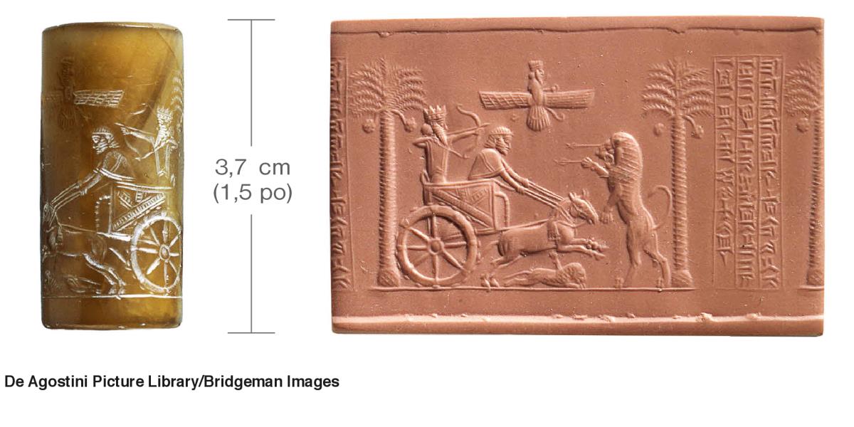 Sceau cylindrique représentant le roi de Perse Darius Ier à la chasse et plaque d’argile portant l’empreinte de ce sceau