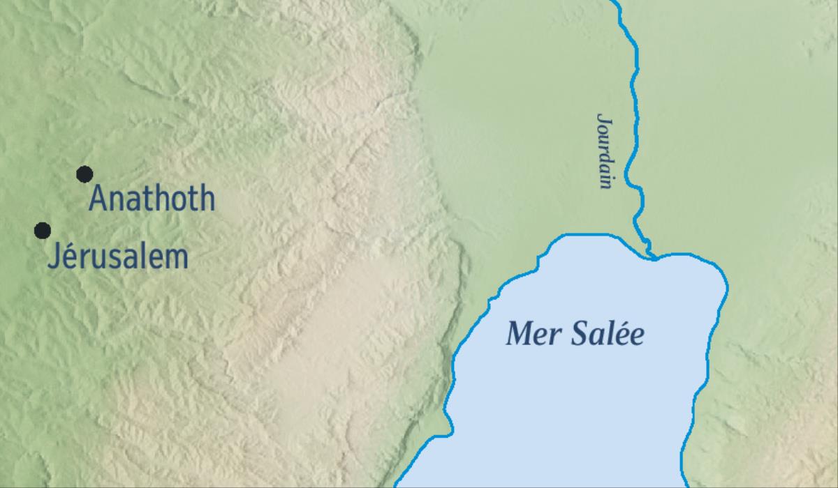 Une carte montrant Jérusalem et Anathoth, la ville natale de Jérémie