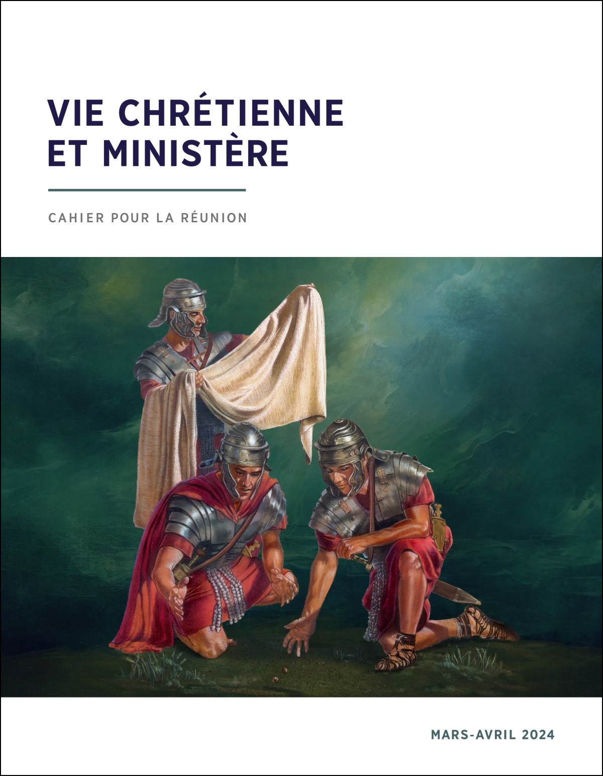 Un soldat romain examine les vêtements de Jésus pendant que deux autres soldats les tirent au sort.