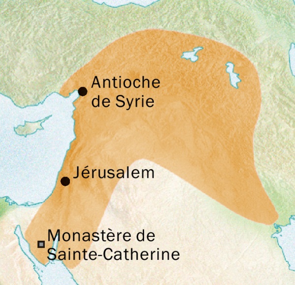 Carte représentant la région où l’on parlait syriaque, englobant Antioche de Syrie et Jérusalem