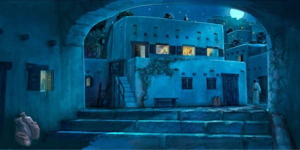 Jésus et ses apôtres célébrant la Pâque dans la chambre haute d’une maison, au-dessus de laquelle brille la pleine lune