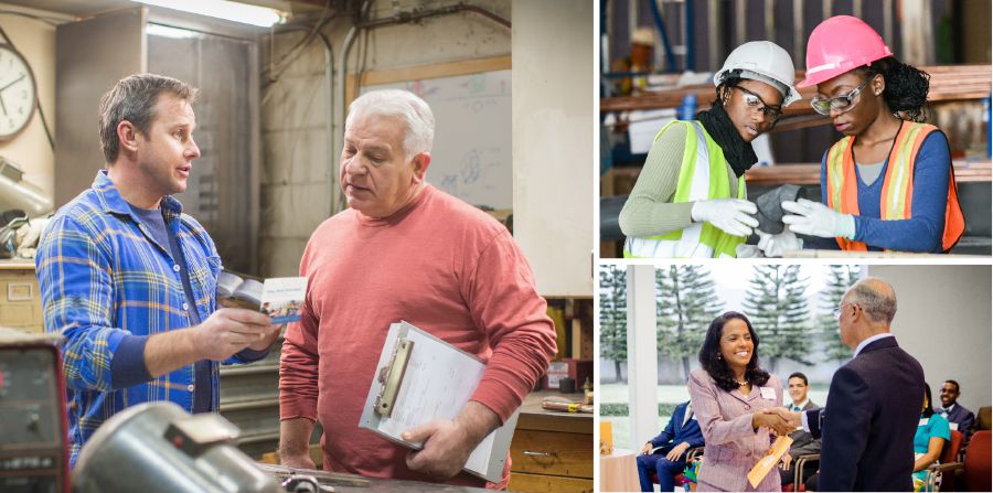 Un frère parle à son patron ; des sœurs qui participent à un chantier de construction ; une sœur qui suit les cours de l’École pour évangélisateurs du Royaume
