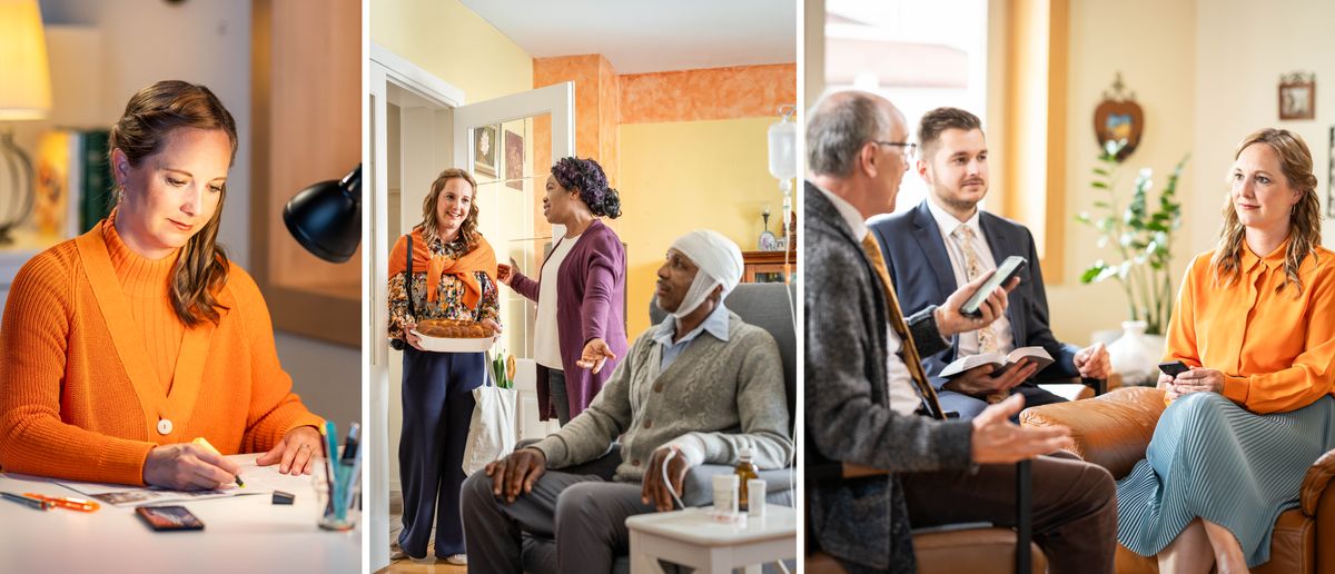 Ensemble d’illustrations : La sœur de l’image précédente continue de satisfaire ses besoins spirituels. 1. Elle étudie un article de « La Tour de Garde ». 2. Elle apporte un repas à un couple à leur domicile. Le mari est assis dans un fauteuil. Il est sous perfusion et a un bandage autour de la tête. 3. Elle bénéficie d’une visite pastorale conduite par deux frères.