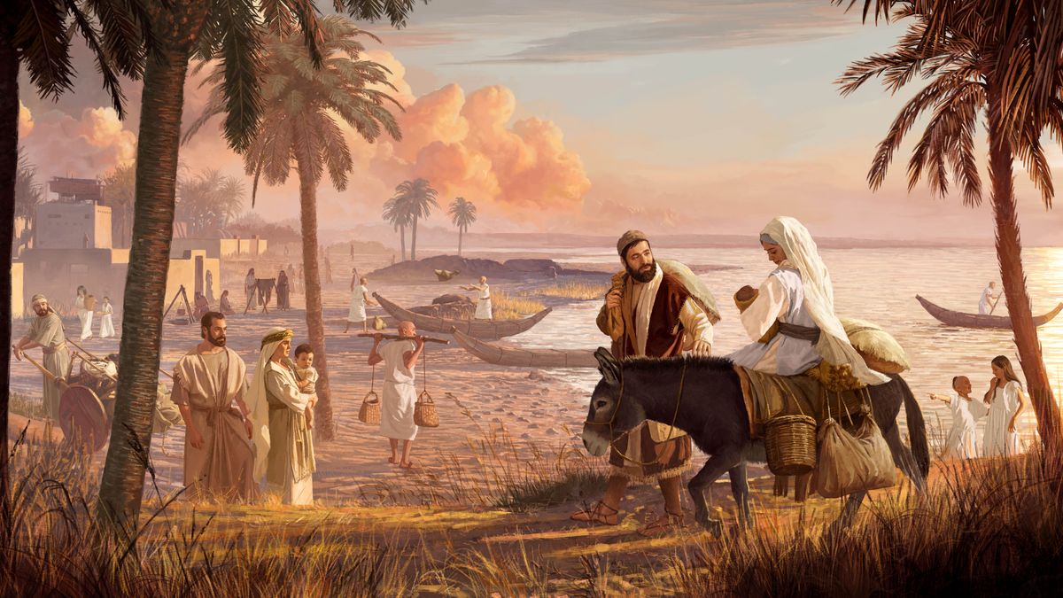 Joseph et sa famille arrivent dans une ville d’Égypte. Des Juifs et des Égyptiens qui habitent cette ville les observent. Marie, assise sur un âne, tient Jésus bébé dans ses bras.