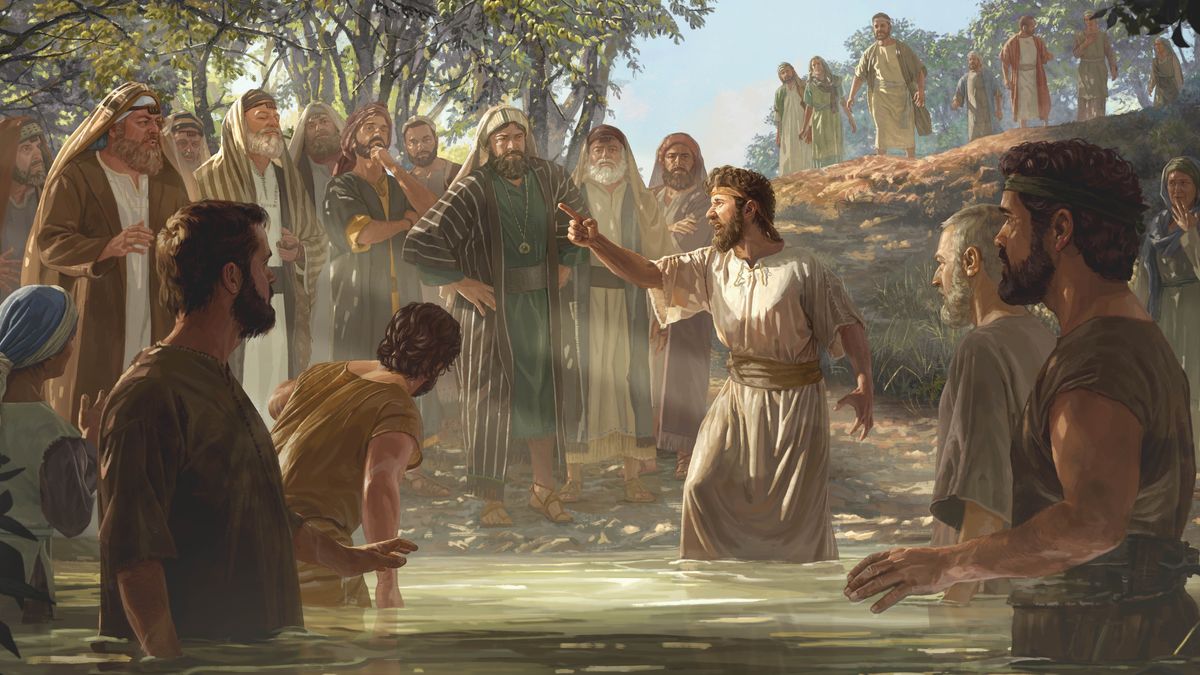 Jean le Baptiseur, debout dans le Jourdain, reprend fermement un groupe de sadducéens et de pharisiens orgueilleux. Des personnes qu’il vient de baptiser et d’autres observent la scène.
