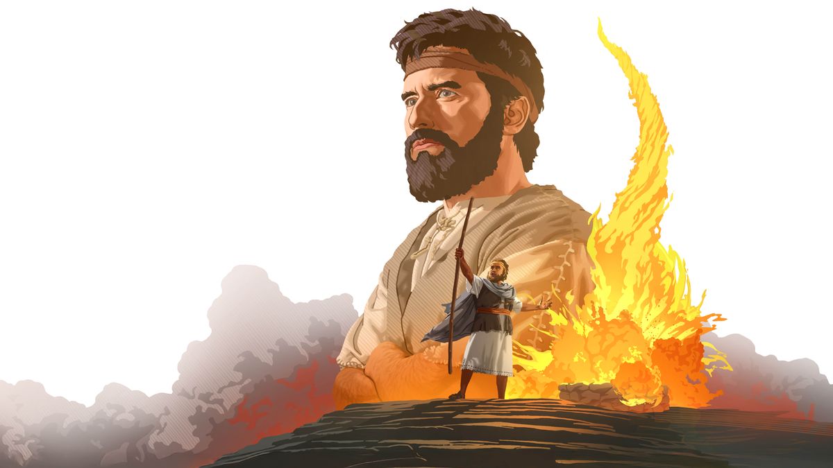 Ensemble d’illustrations : 1. Jean le Baptiseur regarde droit devant lui avec assurance. 2. Au mont Carmel, Élie fait descendre le feu du ciel.