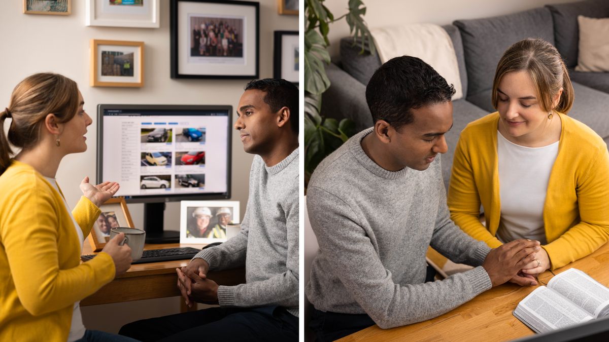 Ensemble d’illustrations : Un jeune couple se demande s’il devrait acheter une voiture. 1. Ils regardent des voitures sur leur ordinateur et examinent les possibilités. 2. Plus tard, ils prient ensemble. Sur la table devant eux, il y a une bible ouverte.