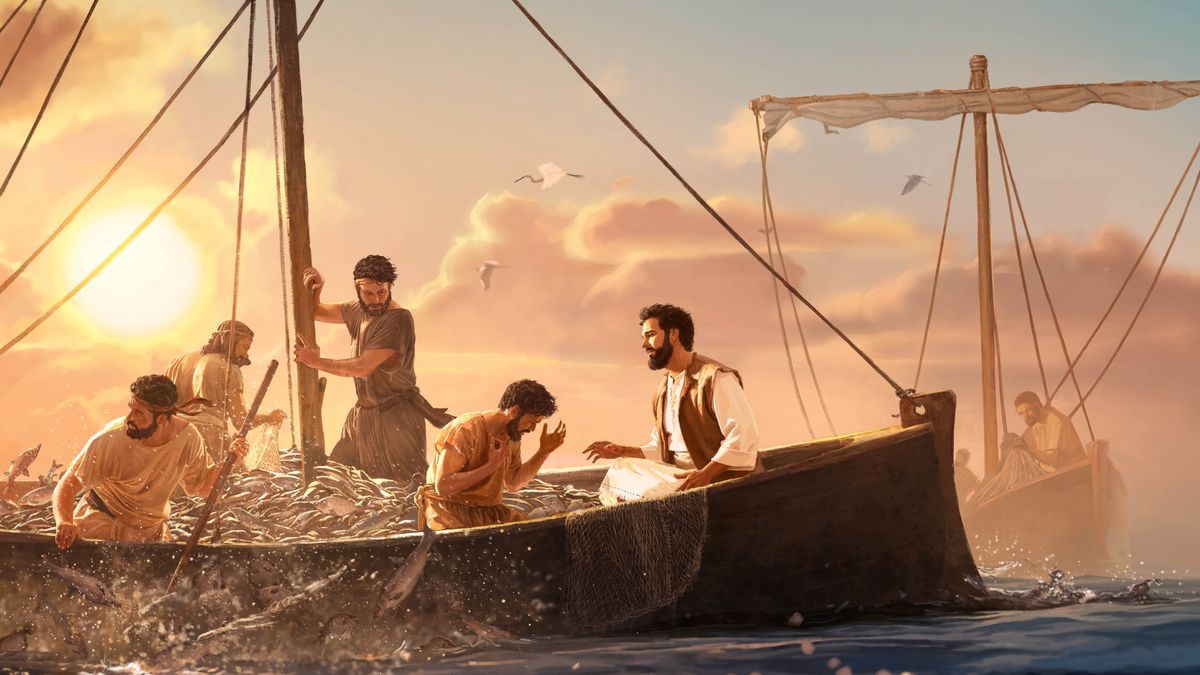 Pierre tombe à genoux devant Jésus, qui est assis à l’avant d’un bateau. Les pêcheurs ont du mal à remonter leurs filets et le bateau se remplit de poissons.