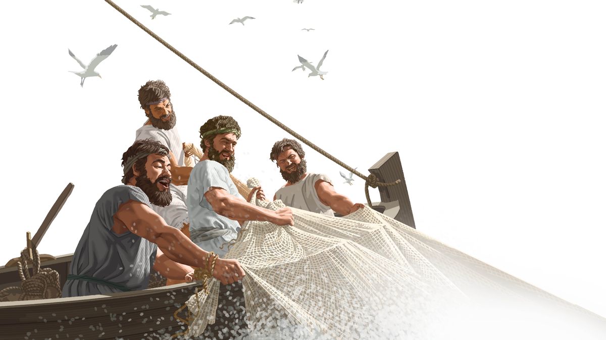 Quatre pêcheurs du 1er siècle remontent avec peine un filet plein de poissons dans un bateau.