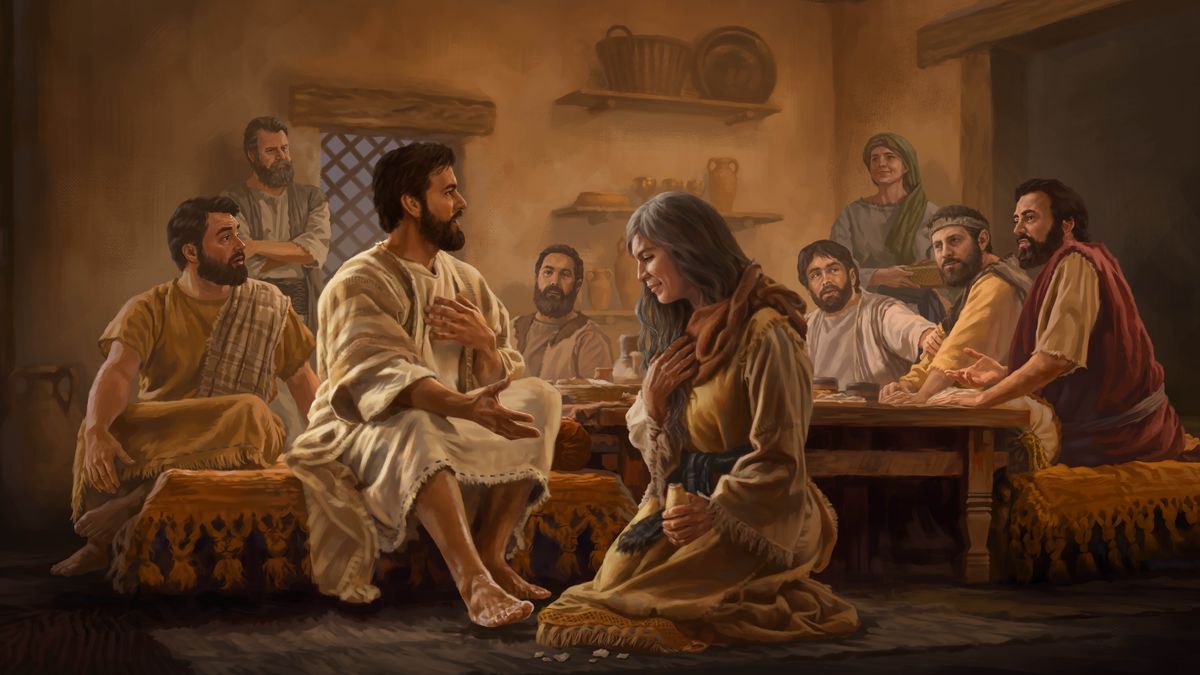Jésus prend la défense de Marie devant ses apôtres après que Judas a critiqué ce qu’elle a fait. Marie est assise aux pieds de Jésus, sur lesquels elle vient de verser de l’huile. Elle tient un flacon d’albâtre.