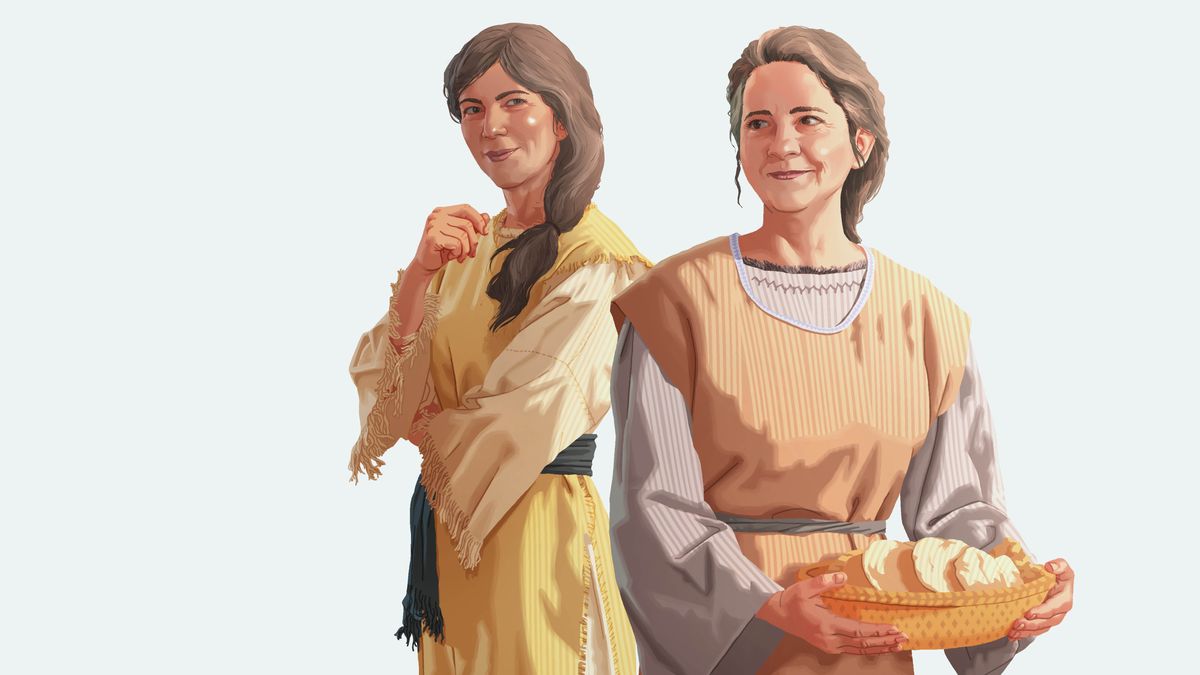 Marie et sa sœur, Marthe. Marie est songeuse, tandis que Marthe tient une corbeille de pain en souriant.