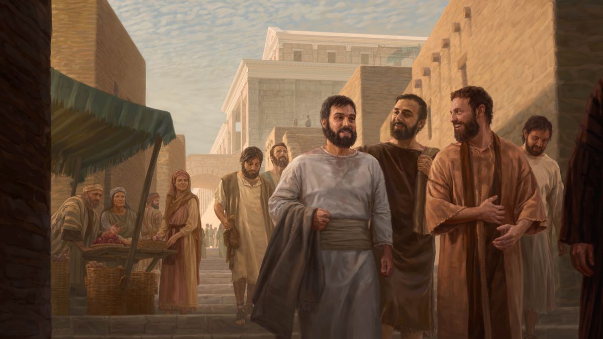 Après avoir été flagellés, Pierre et quelques autres apôtres discutent joyeusement en marchant dans une rue de la ville. Leurs vêtements sont tachés de sang. Des Juifs les regardent passer avec étonnement.